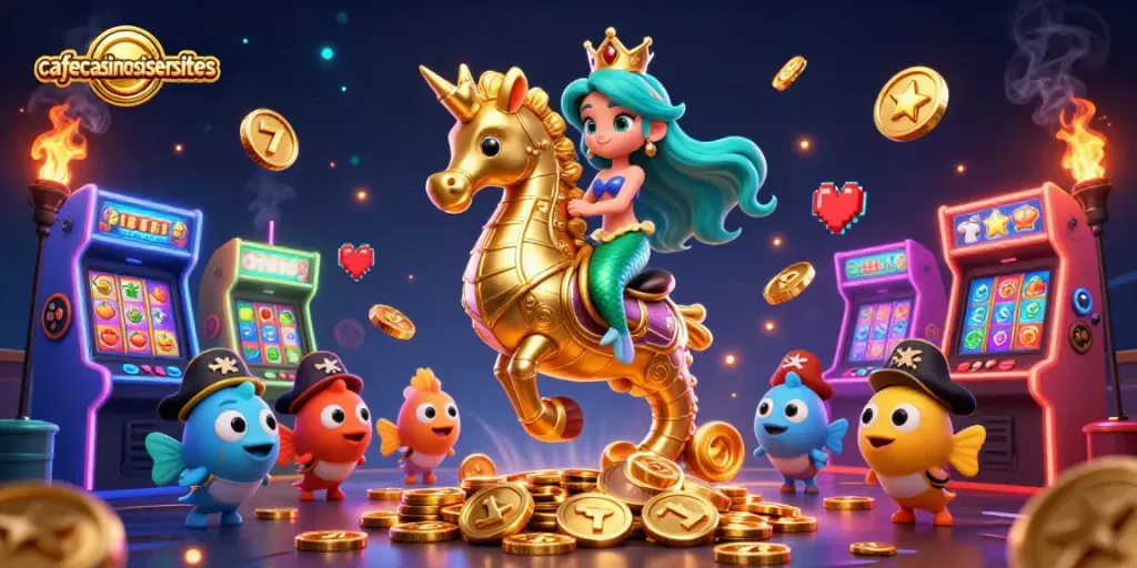 Experience the thrill of cafecasinosistersites as a mermaid explores colorful slots and jackpots with animated fish and arcade games.