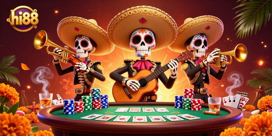 Play poker and join the action at hi88 with mariachi characters, vibrant details, and festive atmosphere.