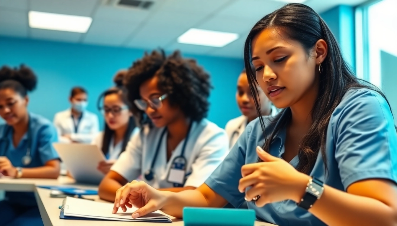 Engaged students in an in person NCLEX bootcamp Houston collaborating in a modern classroom.