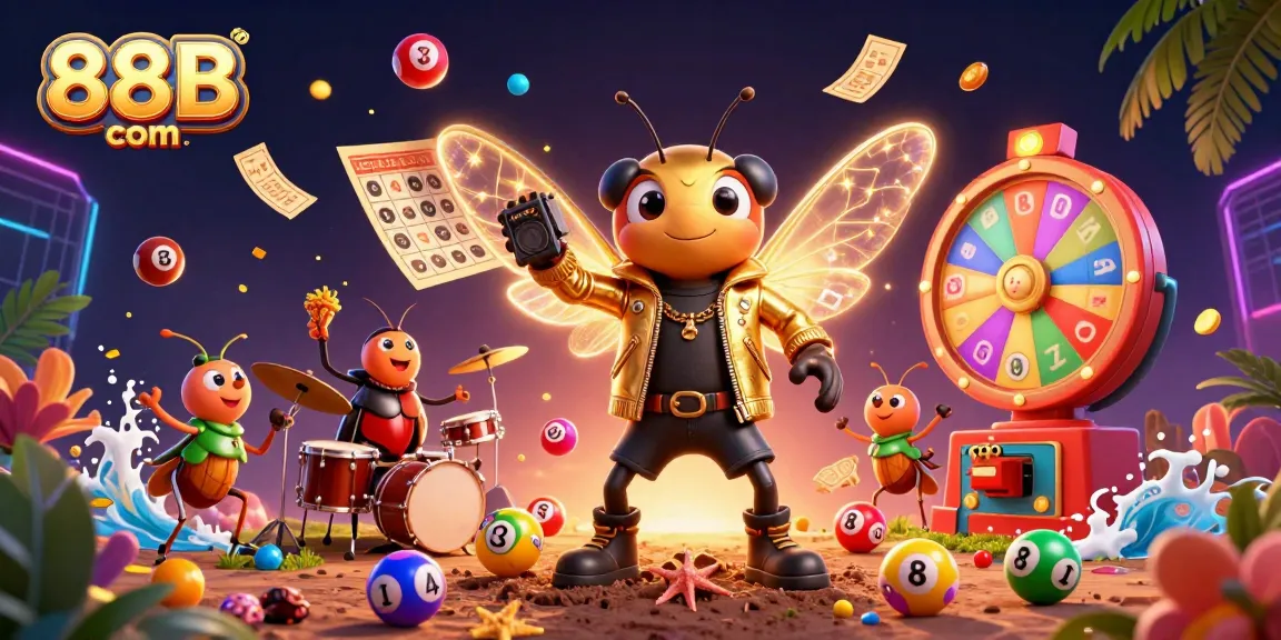 88B com showcases a vibrant 3D casino scene with a rock star and lottery elements in action.