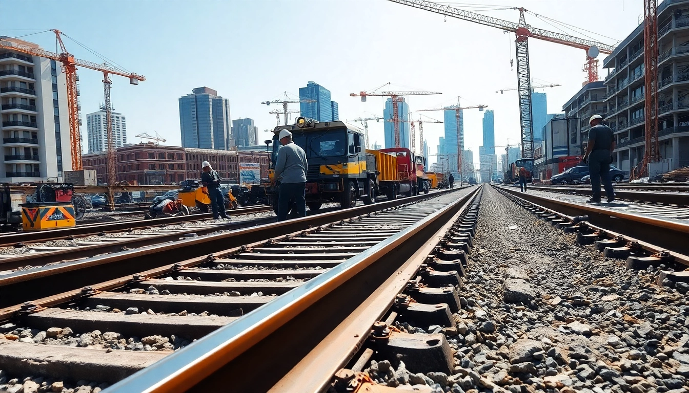 Workers engaged in Railroad Construction, showcasing machinery and teamwork in an urban setting.
