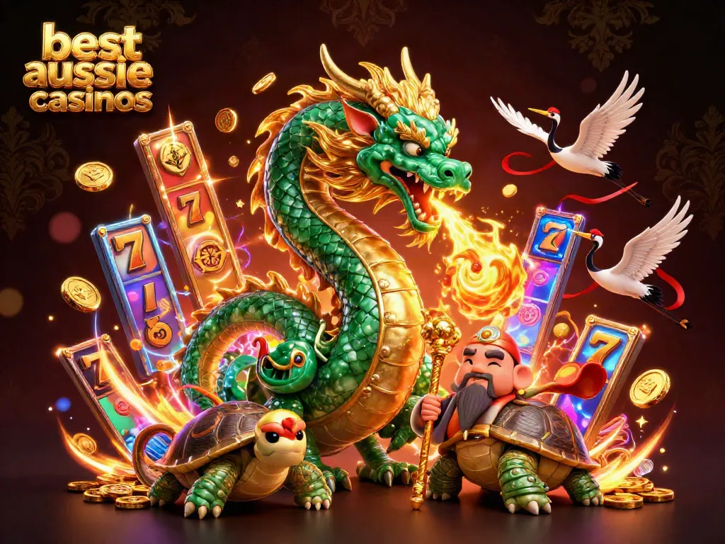 Experience the best aussie online casinos in a vibrant 3D illustration featuring a jade dragon, turtle sage, and lucky cranes.