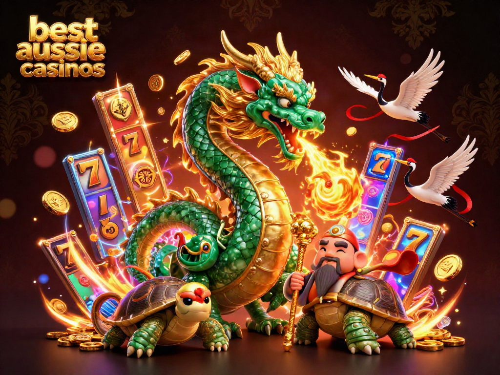 Experience the best aussie online casinos in a vibrant 3D illustration featuring a jade dragon, turtle sage, and lucky cranes.