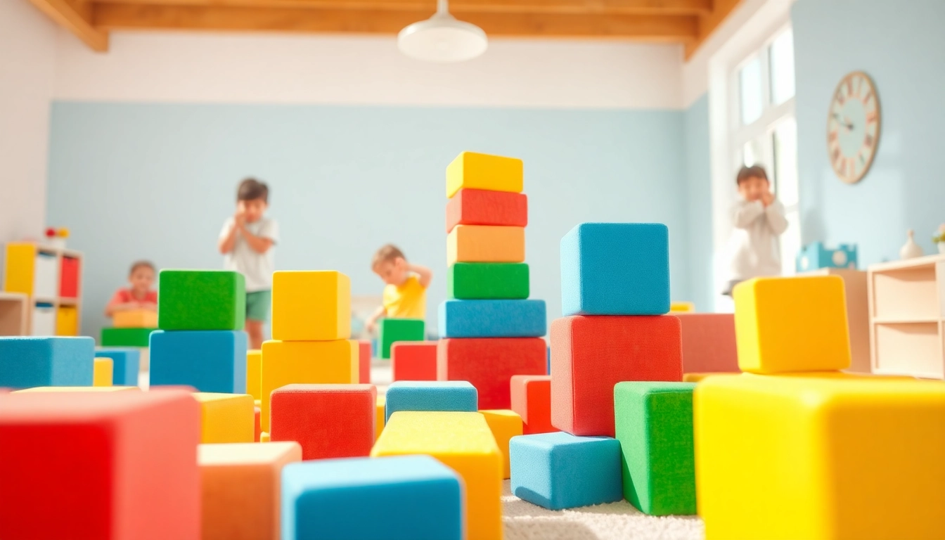 Engaging scene of children with colorful soft building blocks; click here to learn more about safe play.