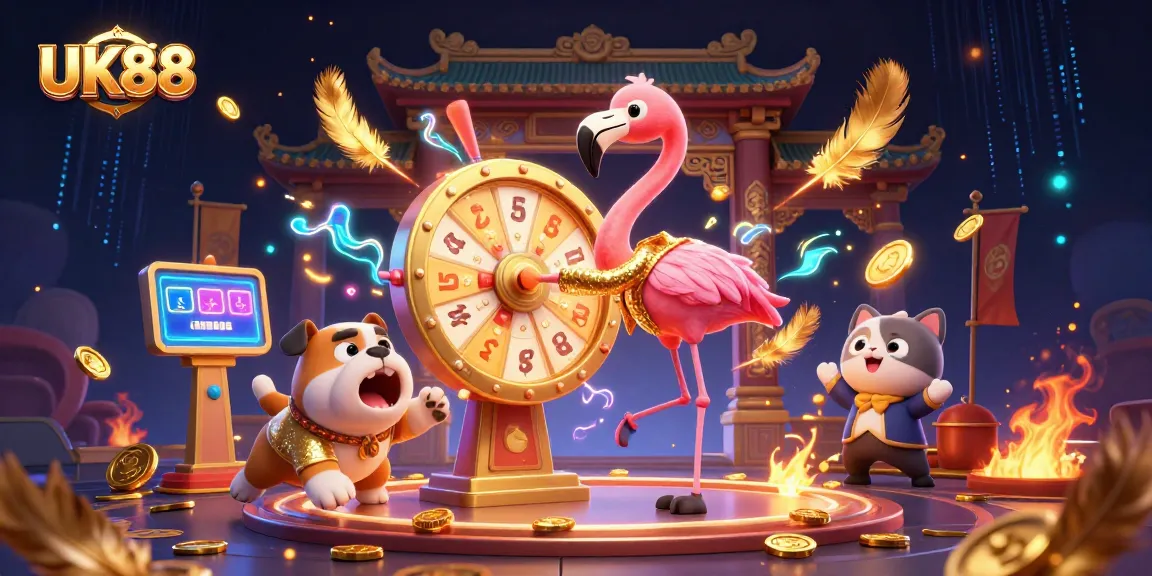 Experience the excitement of UK88 at a vibrant casino scene featuring a flamingo host and energetic bulldog.