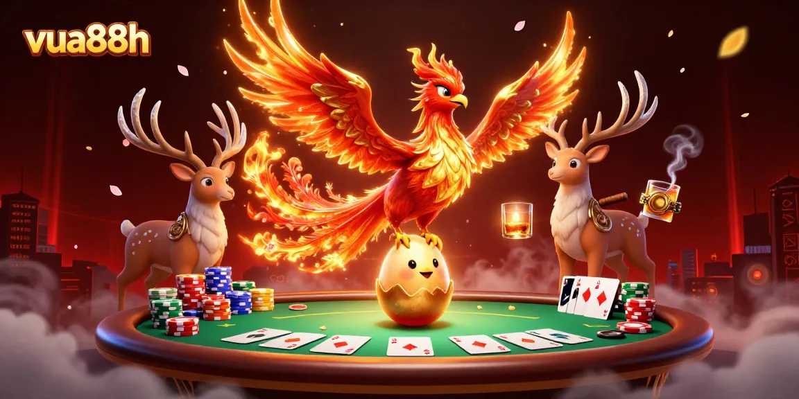Experience vibrant action at vua88h with a phoenix, poker chips, and rich casino elements.