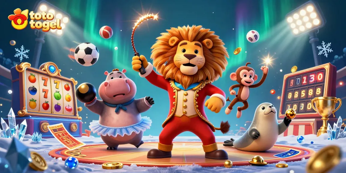 Toto togel menghadirkan suasana menarik dengan simbol jackpot dan karakter lucu di kasino.