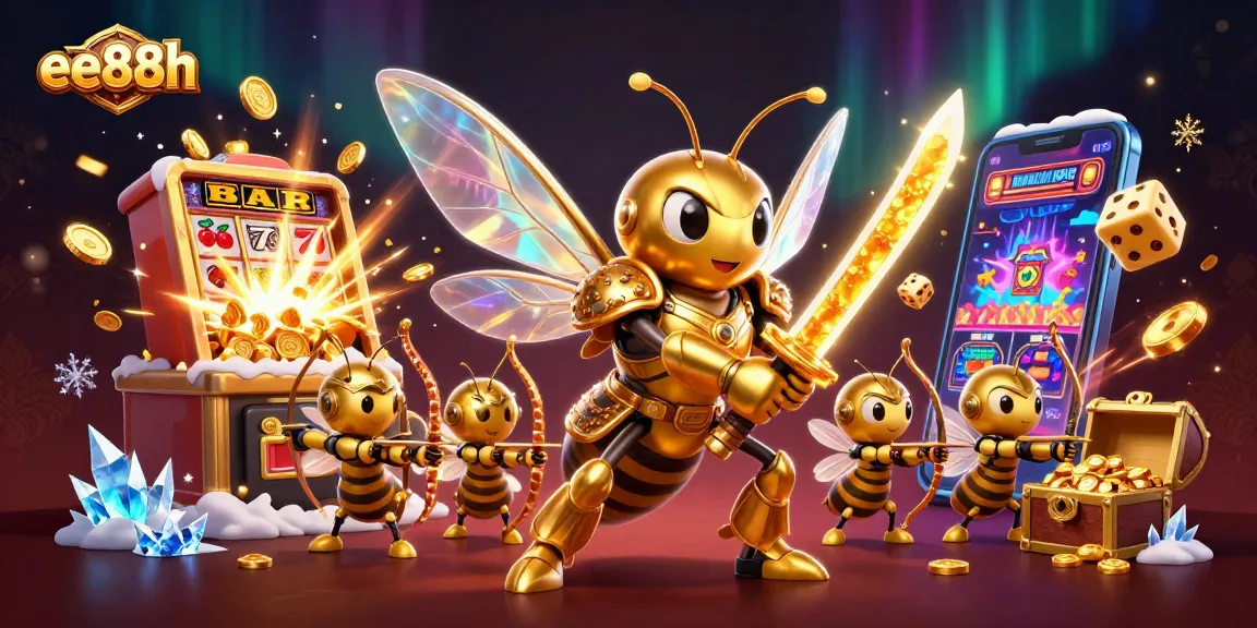 Win big at ee88h with this vibrant 3D illustration of a giant hornet samurai among explosive jackpots and casino games.