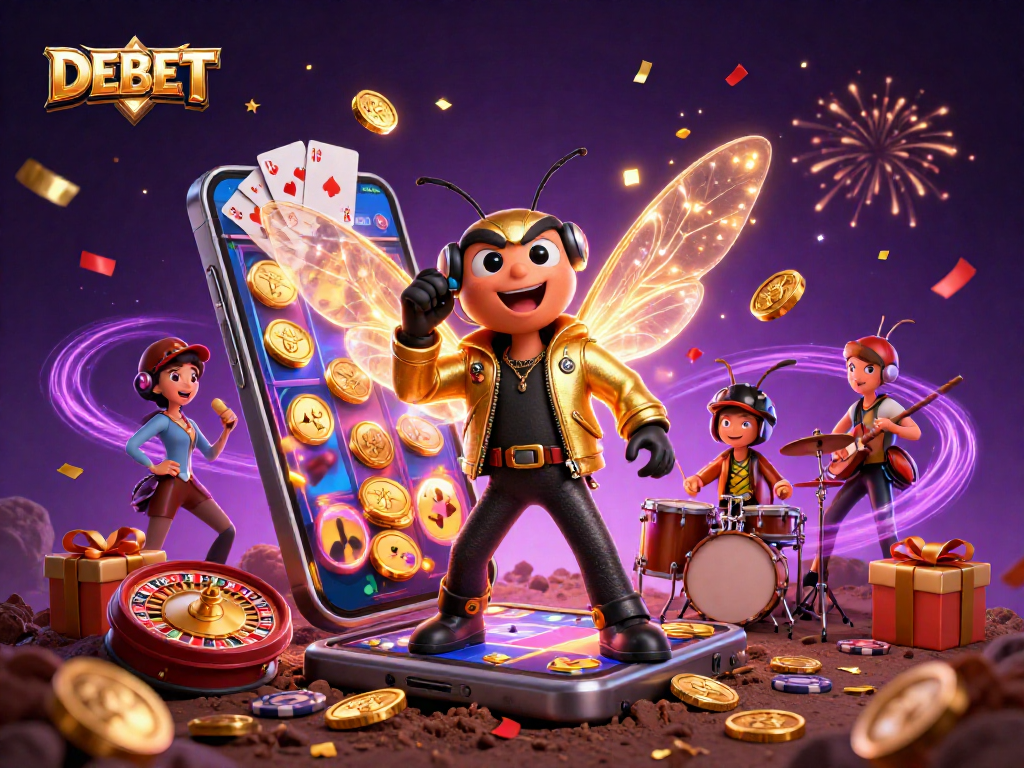 DEBET showcases exciting gameplay with a cartoon cicada rock star amidst a vibrant casino scene.