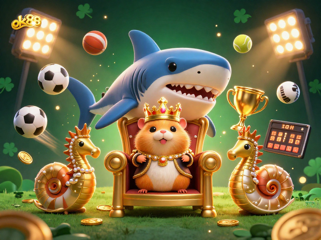 Bet on exciting games at ok88, featuring a cartoon shark king with seahorse guards amidst vibrant casino elements.
