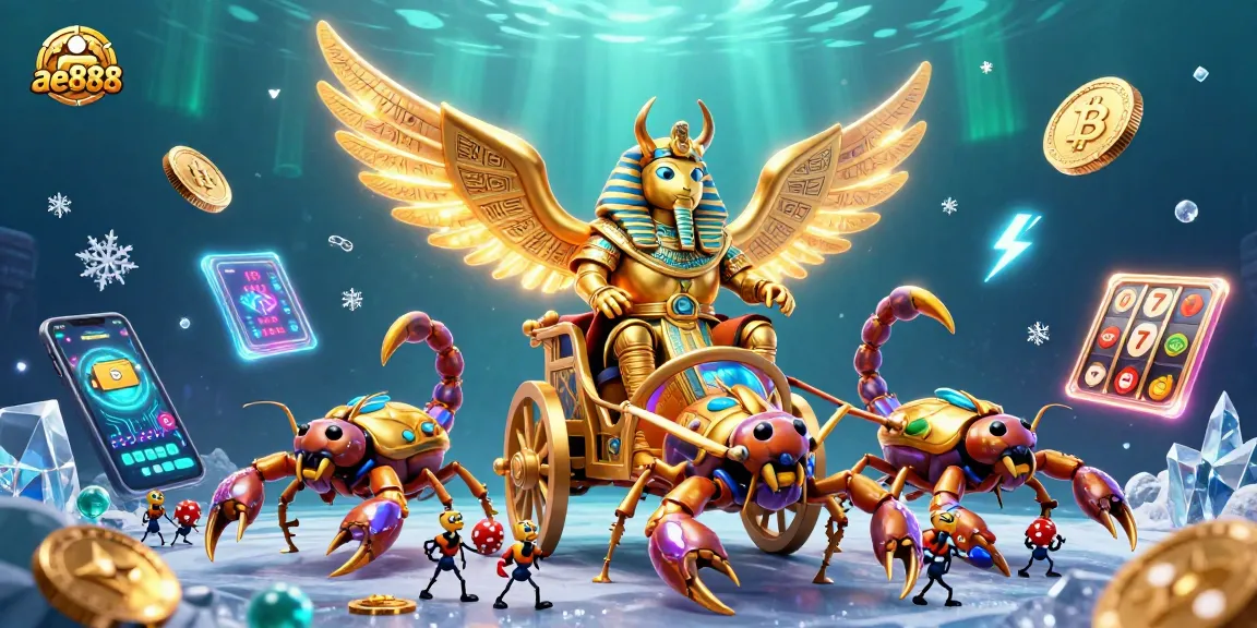 Engage with ae888 in this dynamic casino-themed digital artwork featuring a golden beetle chariot.