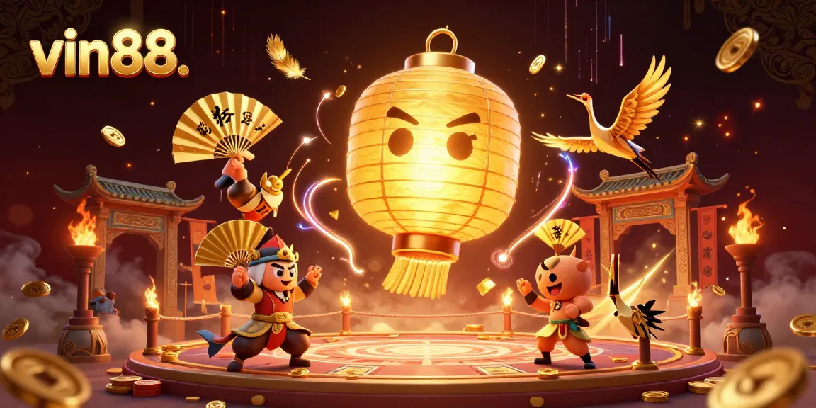 Experience vin88’s vibrant night market casino atmosphere with golden lanterns and lucky symbols in a lively scene.