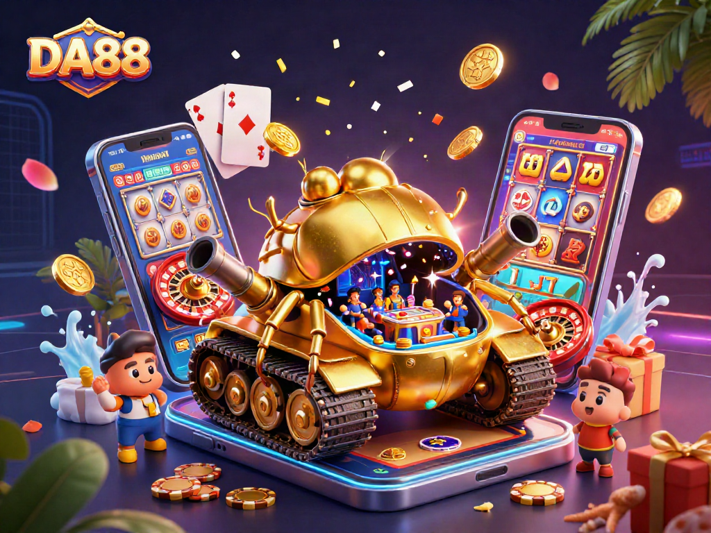 Experience the thrill of DA88 in a vibrant 3D casino scene bursting with excitement and action.