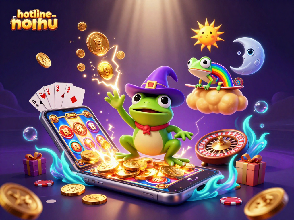 Experience excitement with hotline-nohu, as a wizard frog conjures coins in a vibrant digital gambling landscape.
