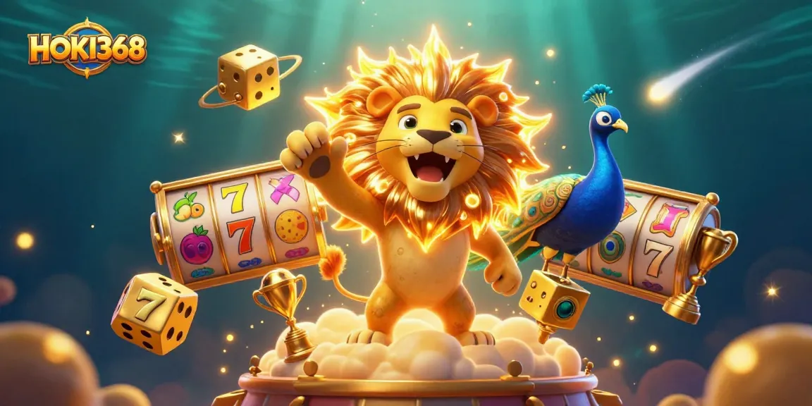 Spin and win with HOKI368's vibrant jackpot slots, featuring a roaring sun lion and dynamic game elements.