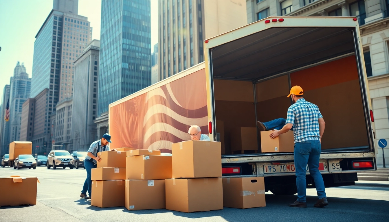 Skilled residential movers nyc efficiently loading a truck with furniture in a bustling New York City scene.