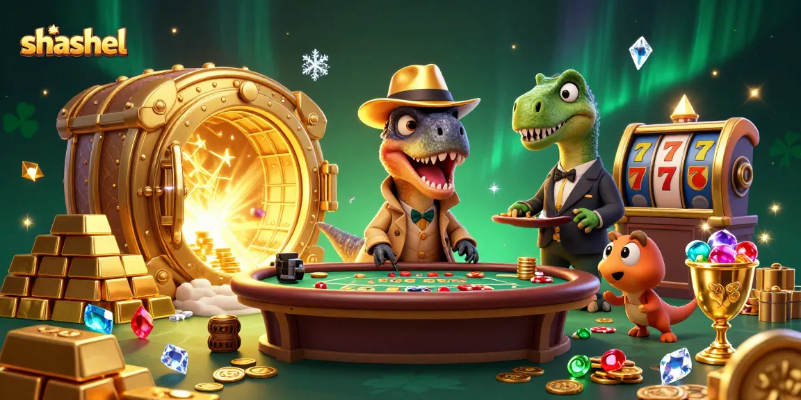 Experience shashel's lively blackjack scene with a velociraptor, stegosaurus, and colorful casino elements.