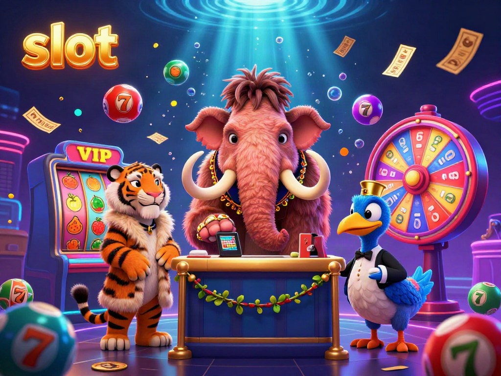 Watch colorful slot reels spin and lucky symbols align in this vibrant casino scene.