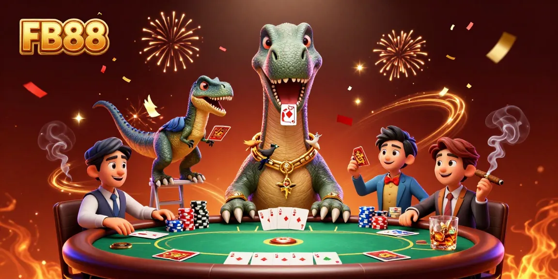 Experience thrilling gaming at FB88 with a whimsical casino scene featuring dinosaurs and poker elements.