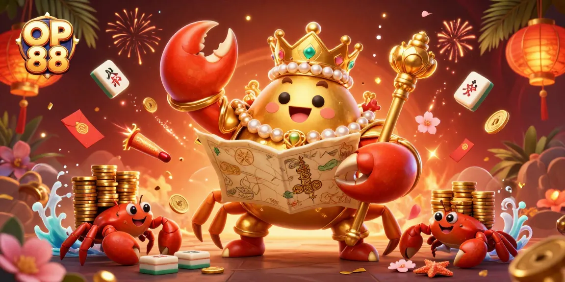 Experience thrilling gaming action at OP 88 with a golden crab emperor and vibrant casino elements.