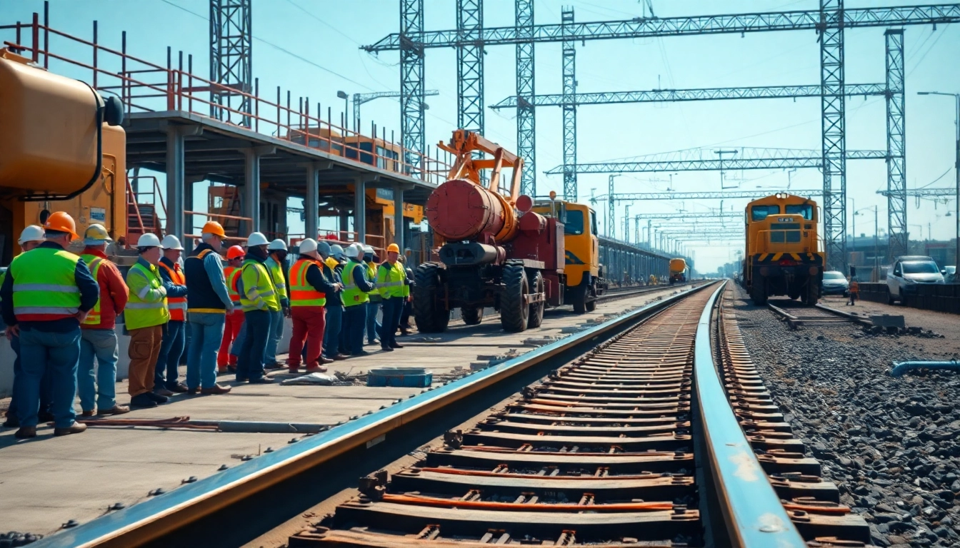 Workers actively engaged in railroad construction with machinery and tracks visible.