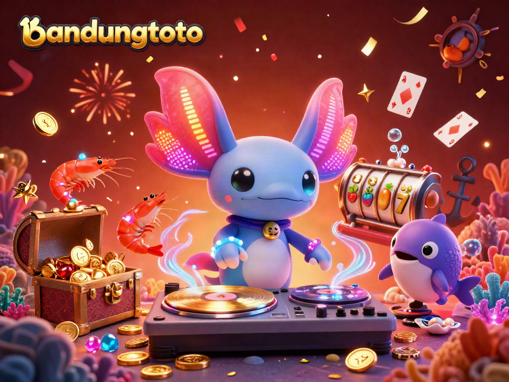 Engage with bandungtoto in a vibrant casino scene featuring a lively axolotl DJ, slot reels, and playful characters.