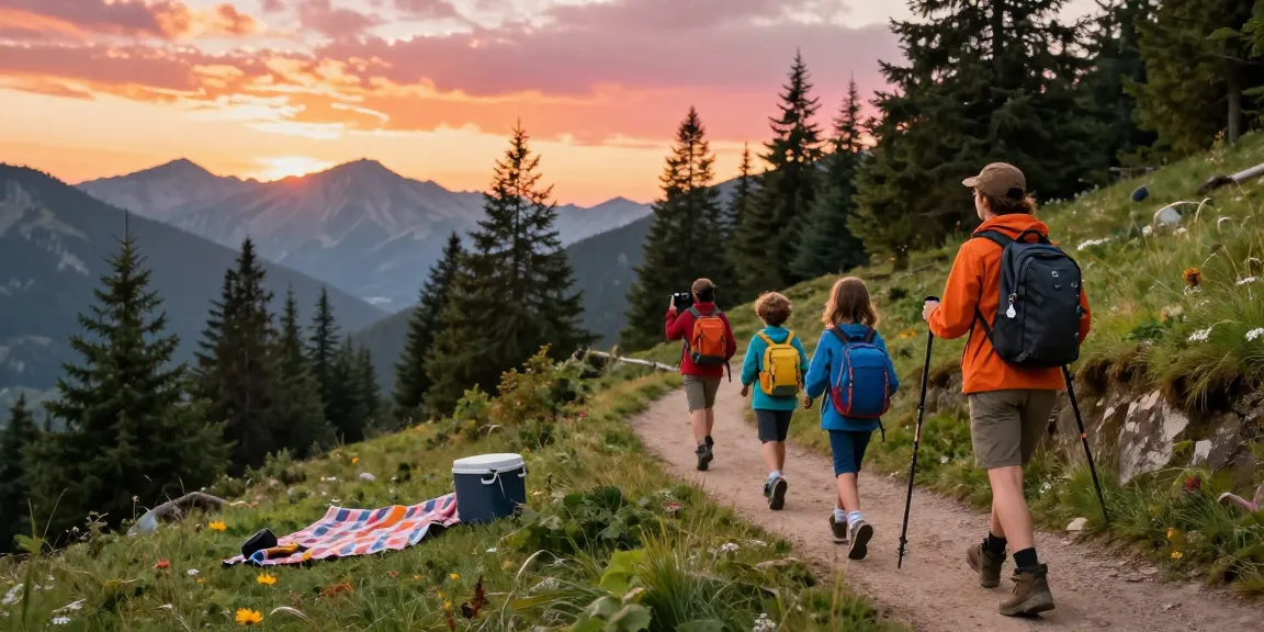 Family adventure hiking together at sunset, showcasing mantra88 outdoor experience.