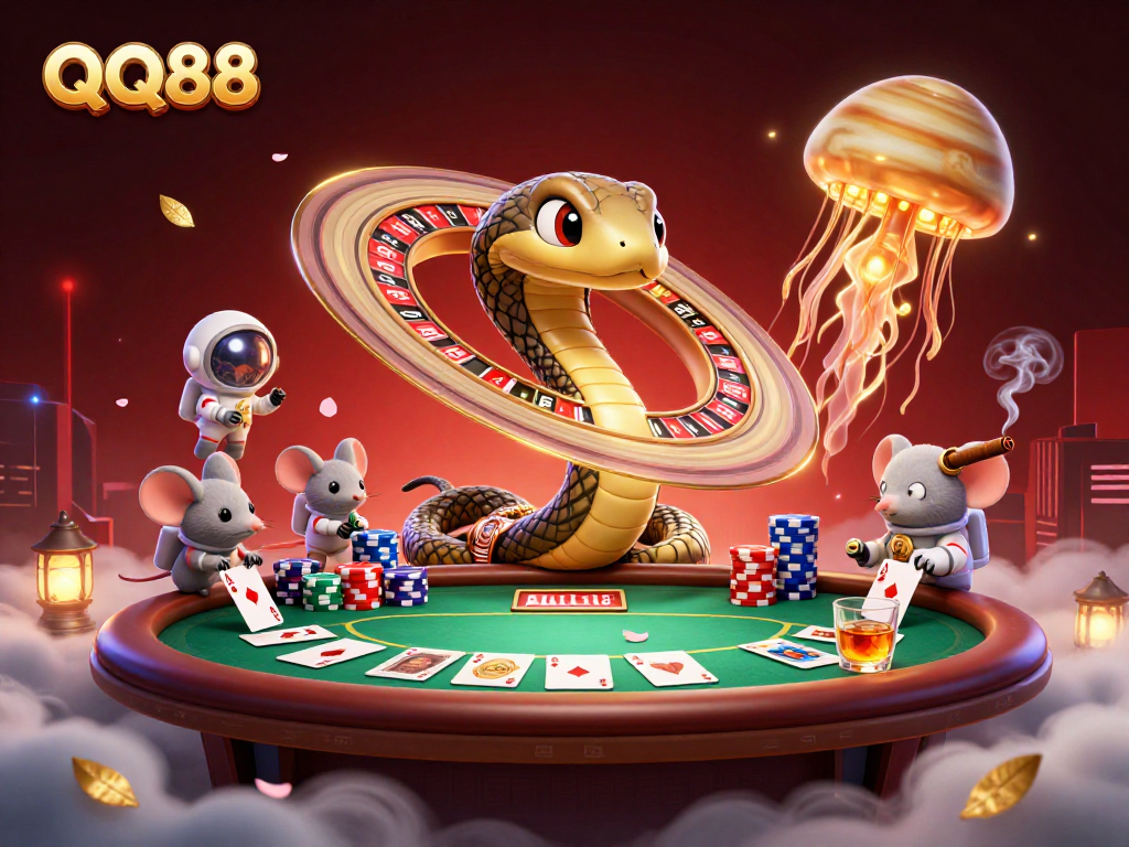 Bet on QQ88's thrilling cosmic casino experience with a colorful 3D illustration of mice placing bets.