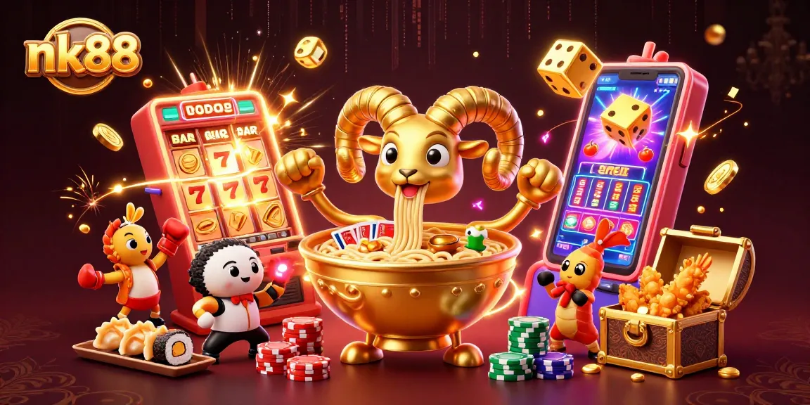 Experience vibrant nk88 gaming with a giant ramen bowl dealer, dynamic game elements, and celebration effects.