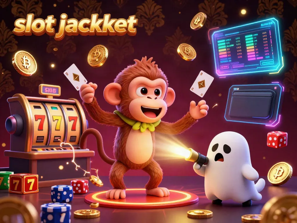 Engaging 3D scene depicting a poltergeist monkey juggling elements in a casino to celebrate winning a slot jackpot.
