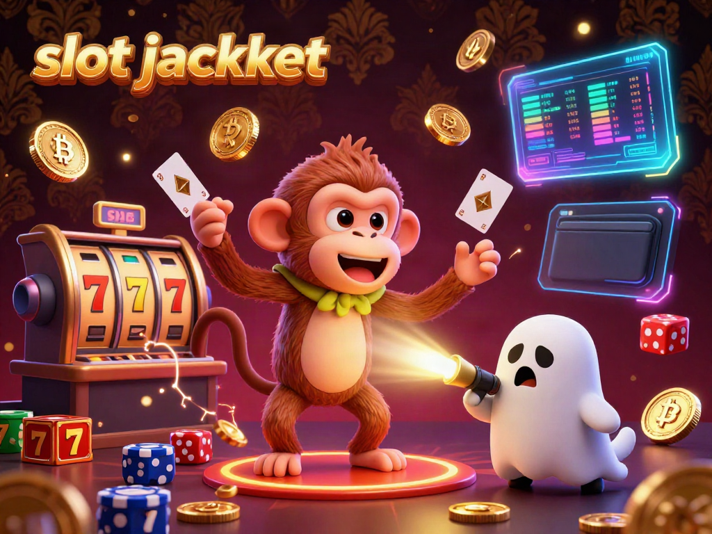 Engaging 3D scene depicting a poltergeist monkey juggling elements in a casino to celebrate winning a slot jackpot.