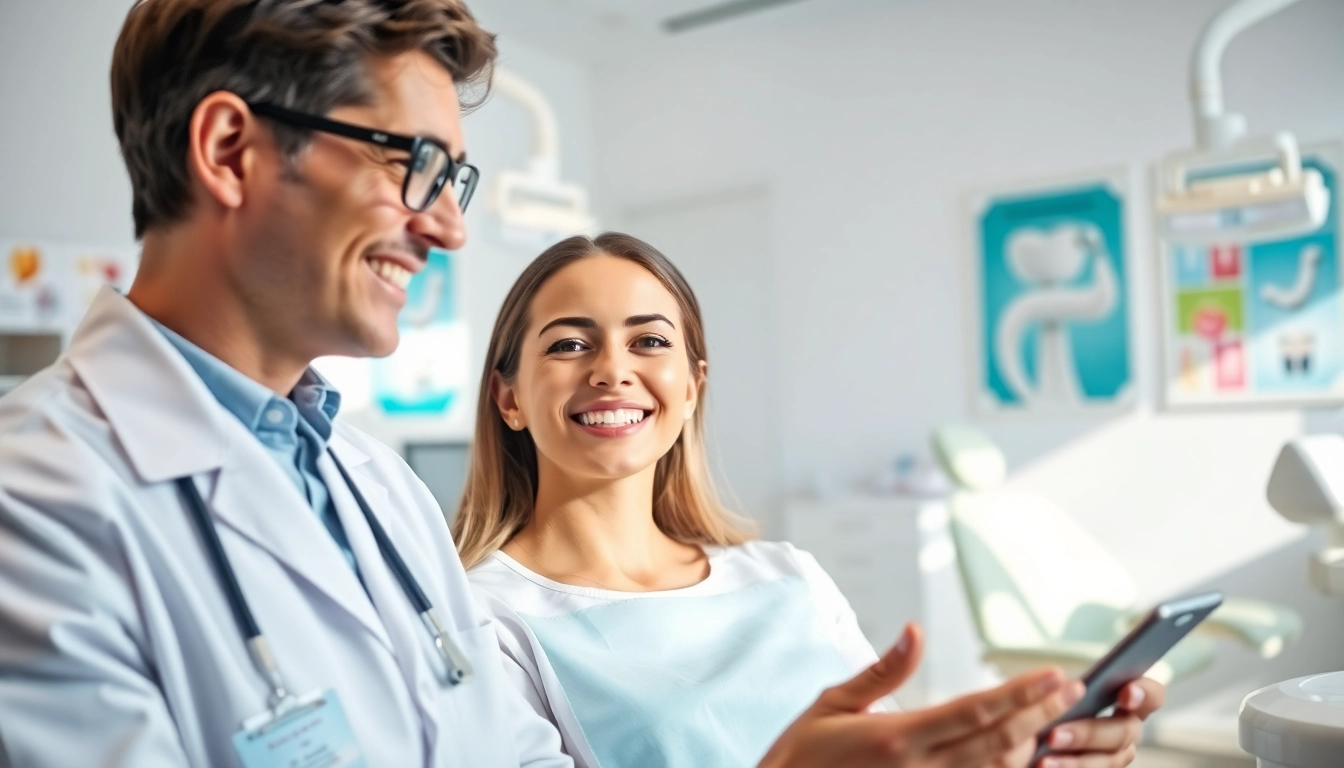 Orthodontist Edmonton warmly advising a patient in a bright dental clinic.