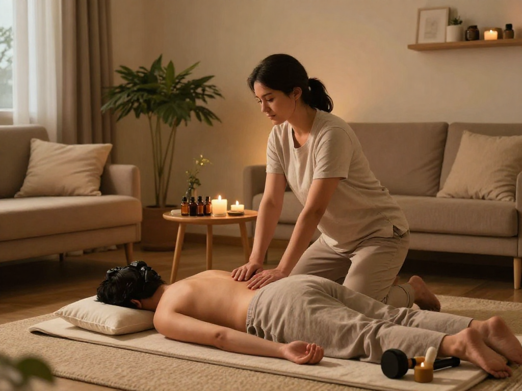 Relaxing at-home massage scene highlighting 동작구출장안마 service elements for soothing comfort.