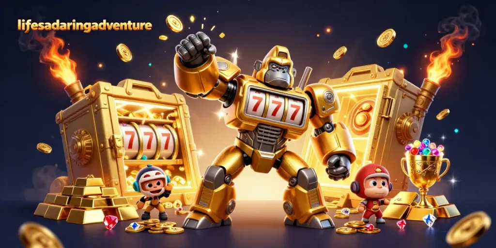 Engage in thrilling gameplay at lifesadaringadventure with our golden gorilla mech ready for action.