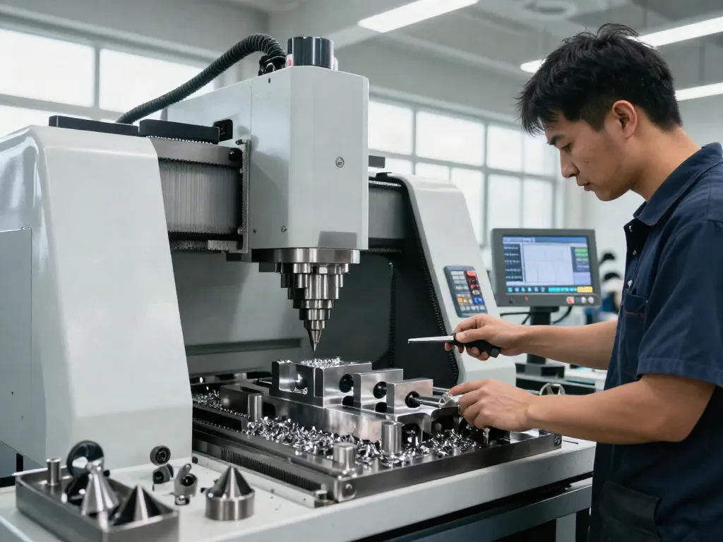 Technician operating CNC milling machine for cnc machined stainless steel parts in a modern workshop