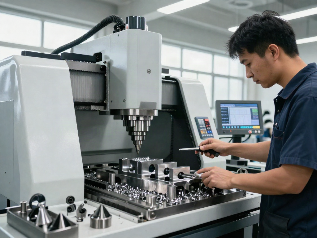 Technician operating CNC milling machine for cnc machined stainless steel parts in a modern workshop