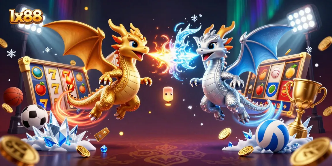 Lx88 dragons battle with fire and ice, amidst a vibrant slot and sports betting scene.