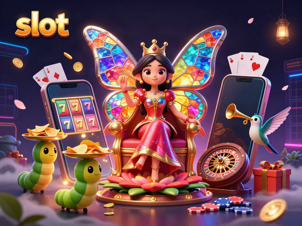 Spin the slot reels with the vibrant butterfly queen amid a colorful casino scene.