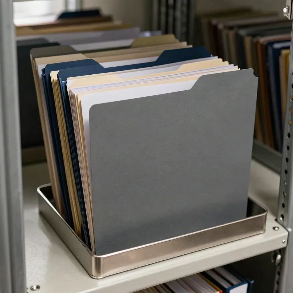 Fanned candidate folders and divider fins in a pewter archive corridor with soft daylight.