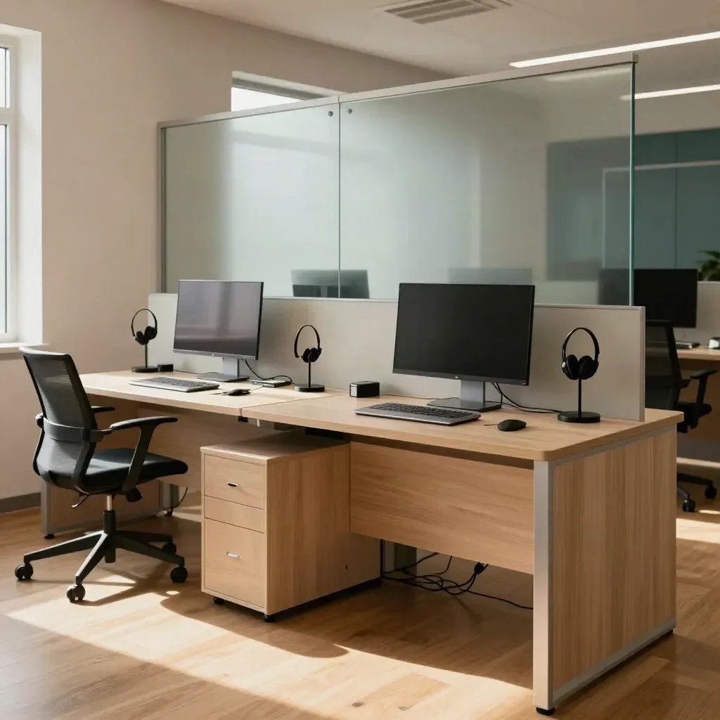 Empty startup sales pod with closed laptops, dark monitors, headset stands and a glass door.