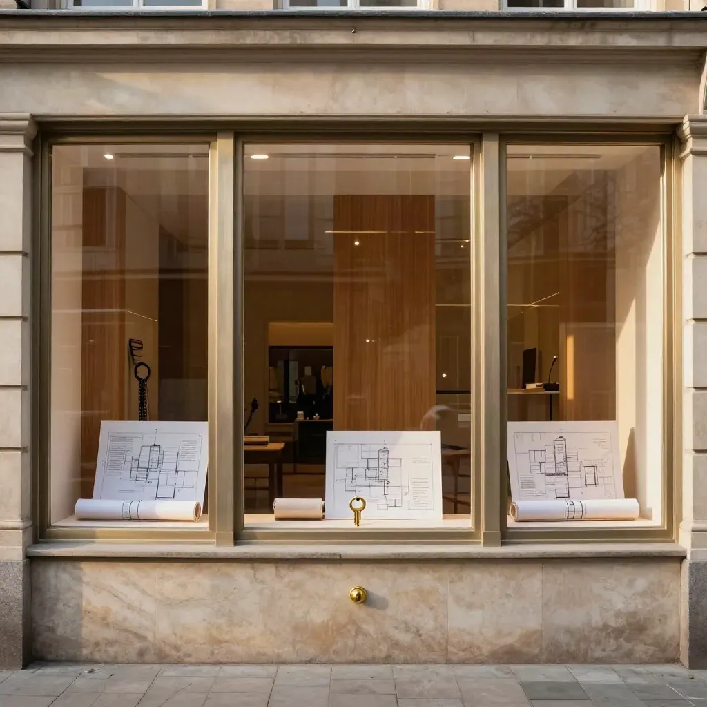 Four retail windows with matching plinths, a brass keyring, and rolled floor plans on a city facade.