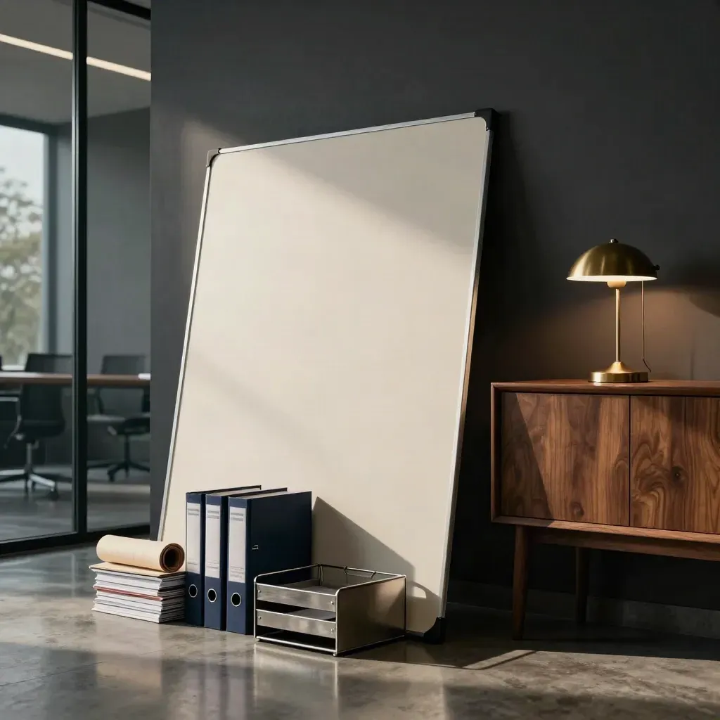 Closed search boards, binders, and a switched-off lamp in a dusk-lit executive war room.