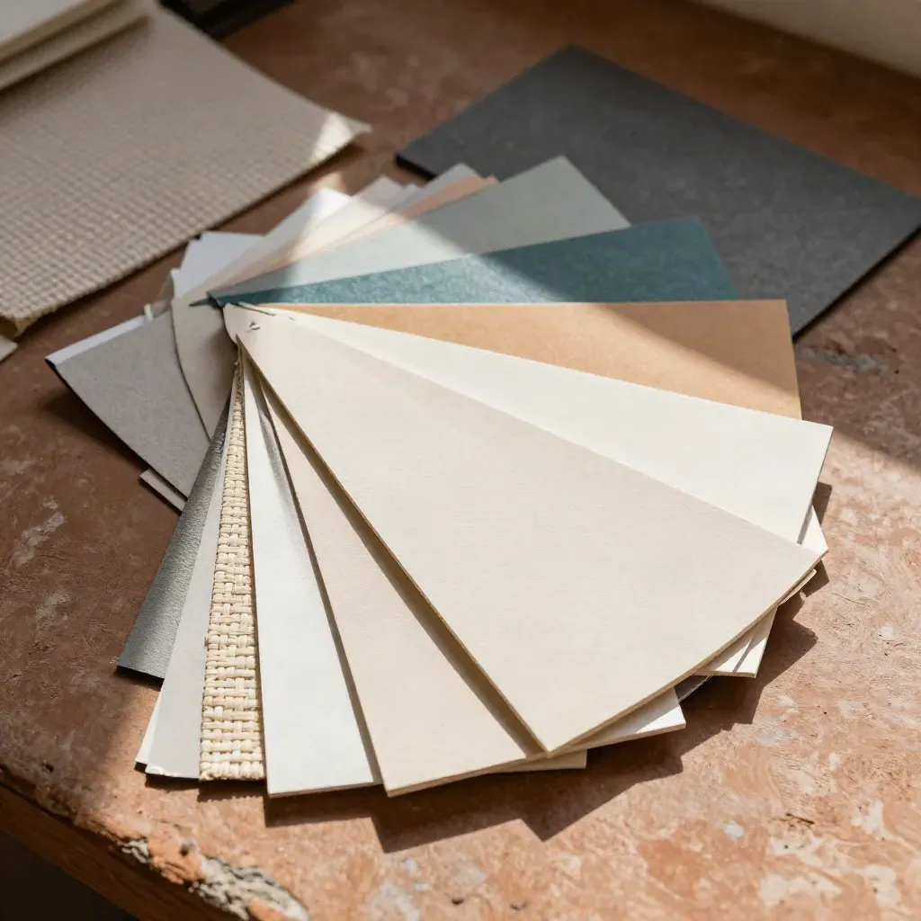 Overhead of paper swatches and fabric samples fanned on a terracotta surface.