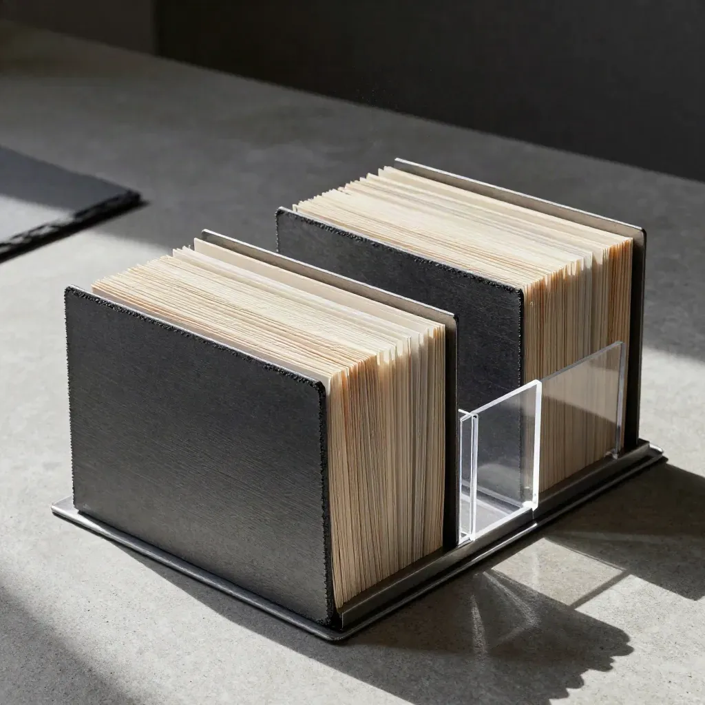 Charcoal folders, metal tray and clear divider grid on concrete in soft side light.