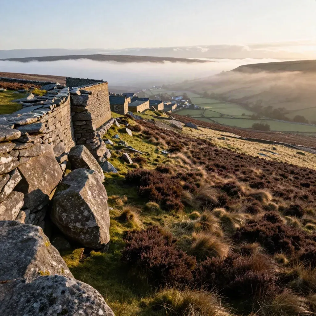 Pennine ridge above a misty stone city edge at golden hour