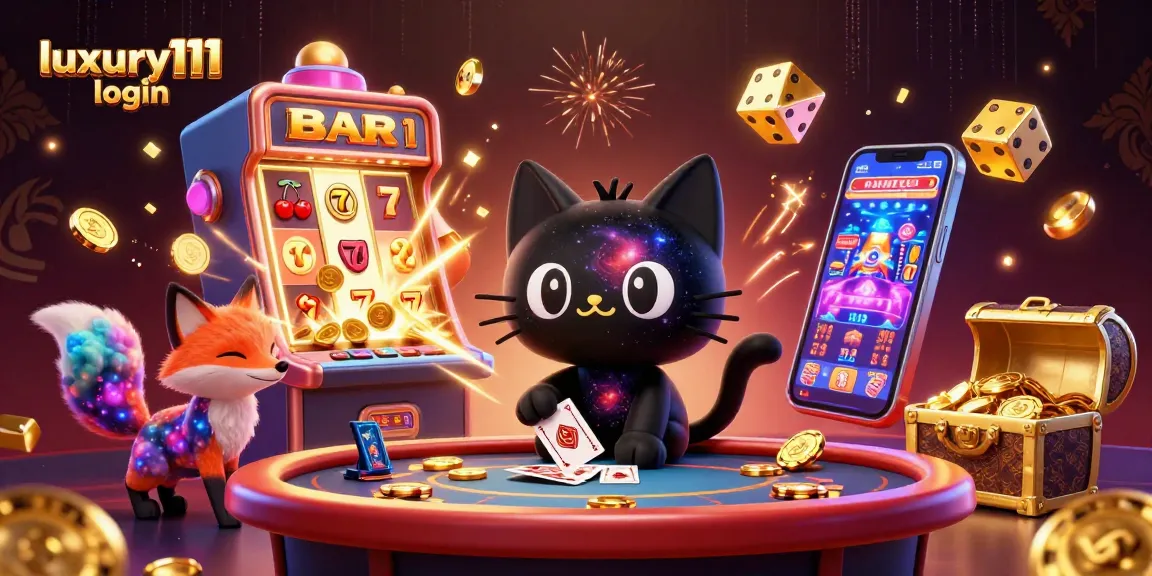 Playing games with luxury111 login at a cosmic casino full of colorful slot machines and golden chips.