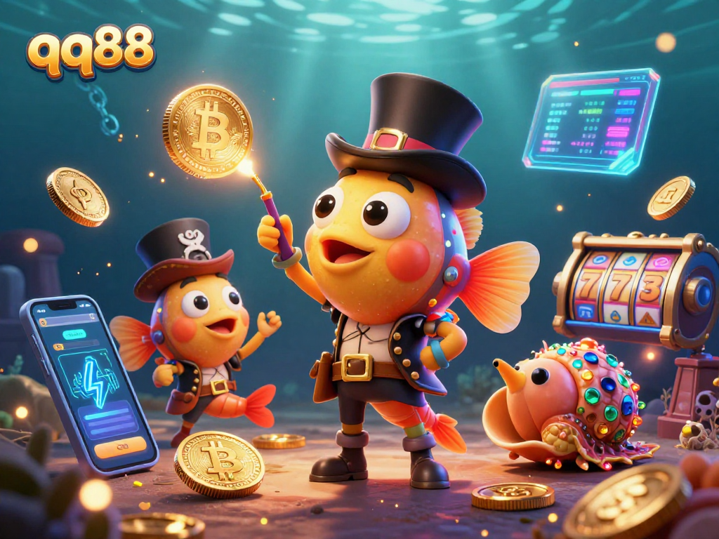 Spin to win with qq88: Dive into vibrant underwater casino action featuring golden coins and crypto elements
