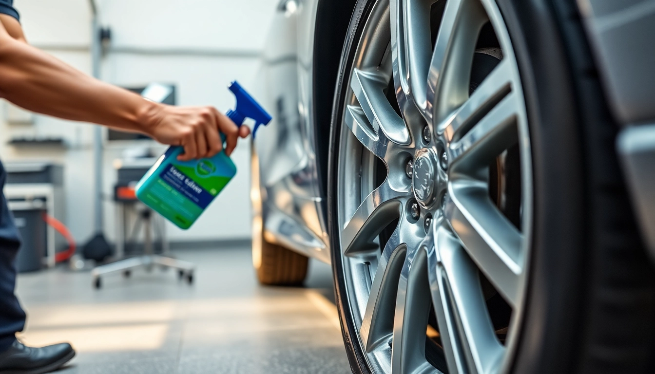 Applying wheel and tire cleaner Canada to enhance the shine of alloy wheels in a professional setting.