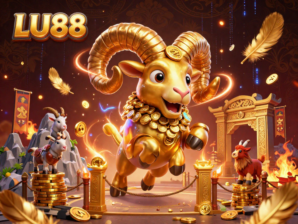 LU88 features a colossal golden ram amidst a dynamic casino scene filled with betting elements and golden details.