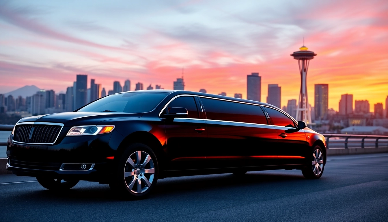 Experience limo service vancouver to seattle with a luxurious black limo set against city skylines.